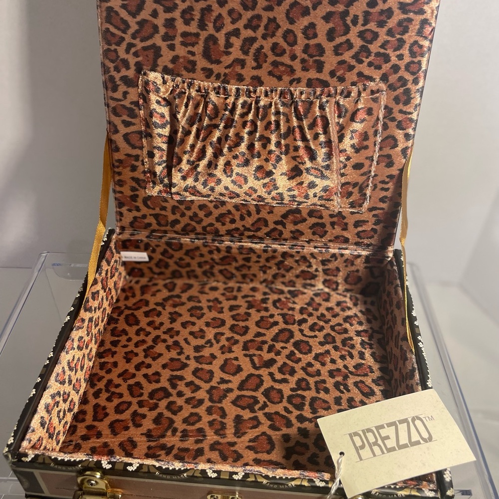 PREZZO Handmade Casino Cigar Box Purse Bamboo Handle Leopard Lining - Picture 8 of 11